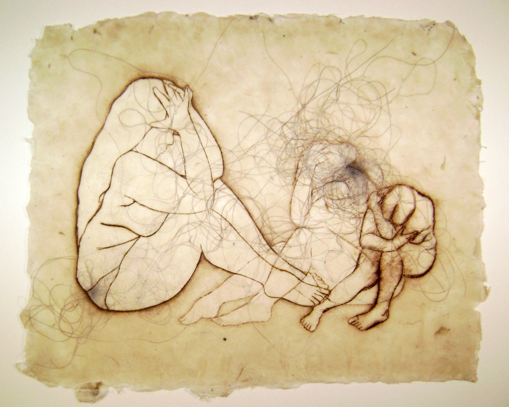 Drypoint/ etching on waxed handmade paper with hair inclusions; 2007.