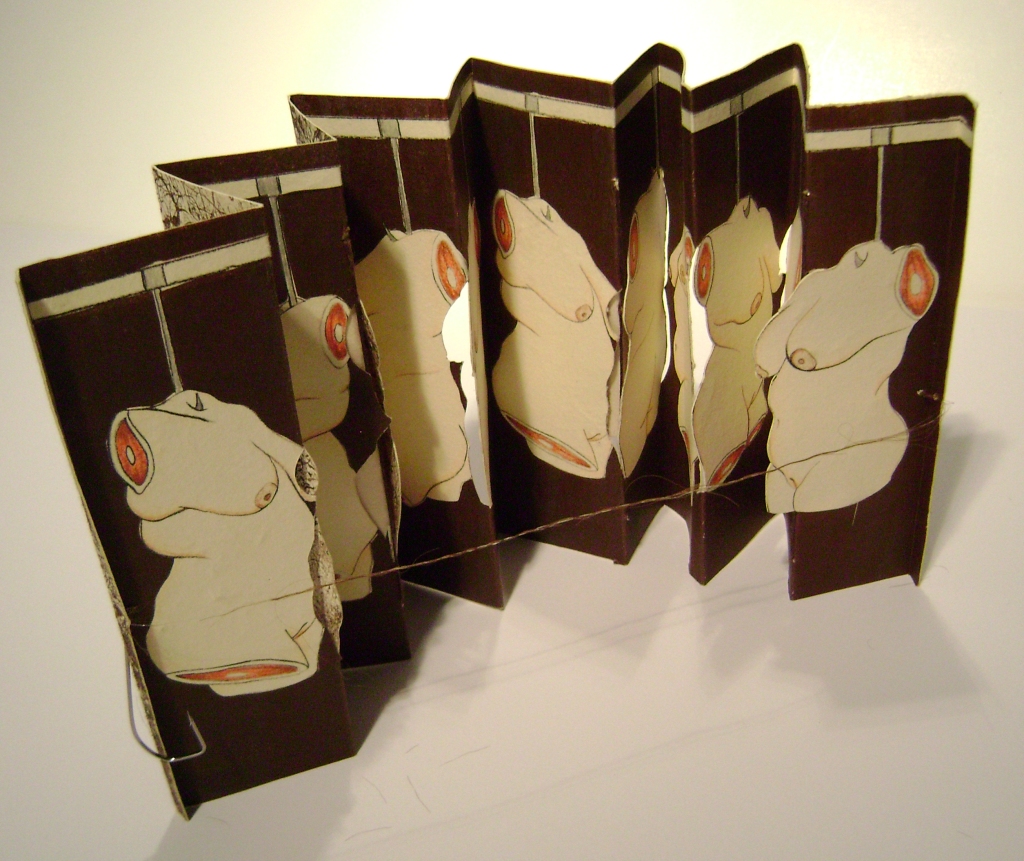 An accordion-style artist book created from stone/ aluminum lithograph, collagraph, artist's hair, hand-stamped kitikata body cut-outs, and meat hooks; within a cloth-covered clamshell box, 2007.