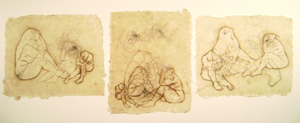 "Enmeshed"; drypoint & etching on waxed handmade paper with hair inclusions; 2007. 
Published in ‘Canvas Magazine’, fall 2008 issue, Bloomington, Indiana.