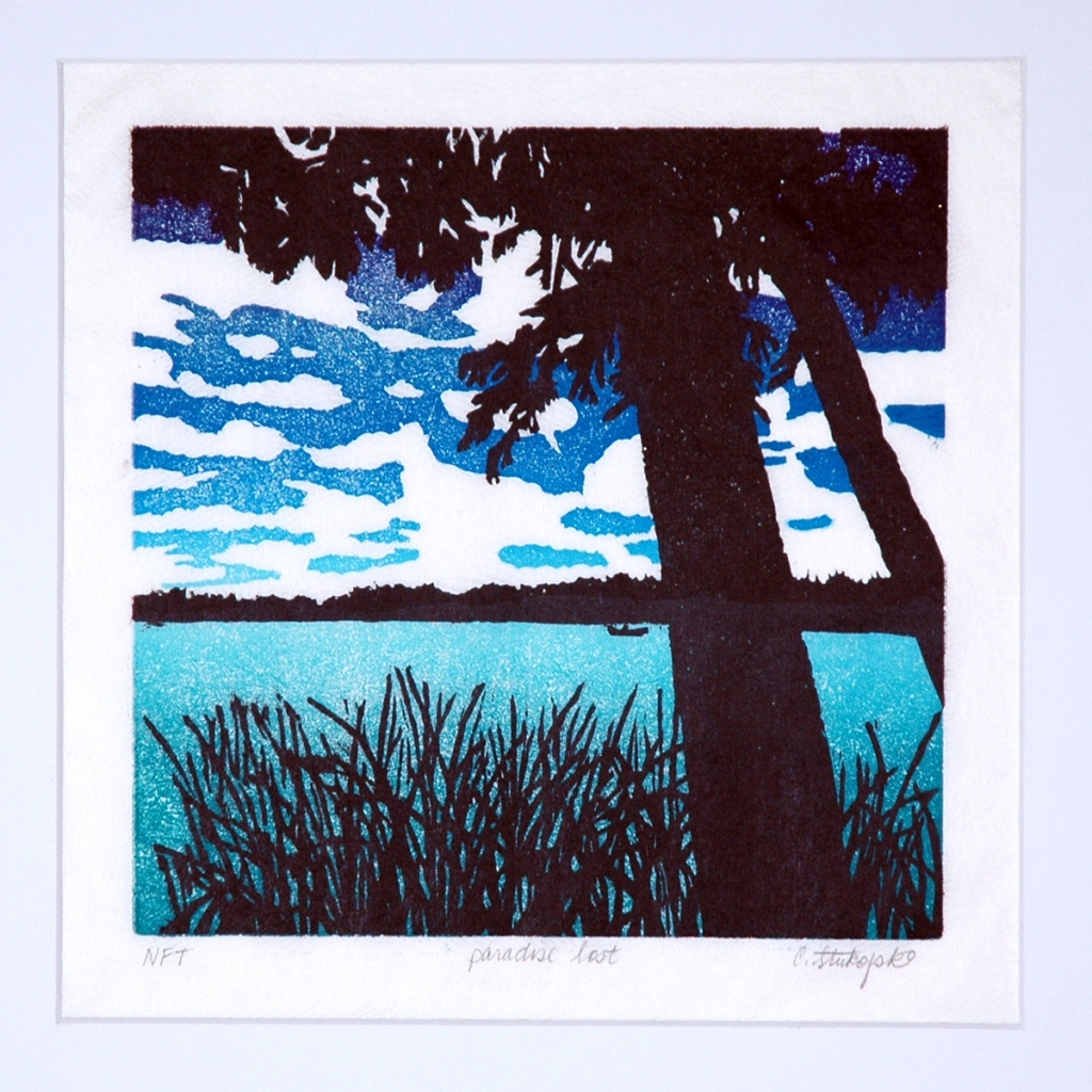 "Paradise lost"; 2 block woodcut print, 12x12; 2005.  Exhibited at “Wet Ink”; Juried student show, Herron School of Art + Design Marsh Gallery, Indianapolis, IN; 2006.